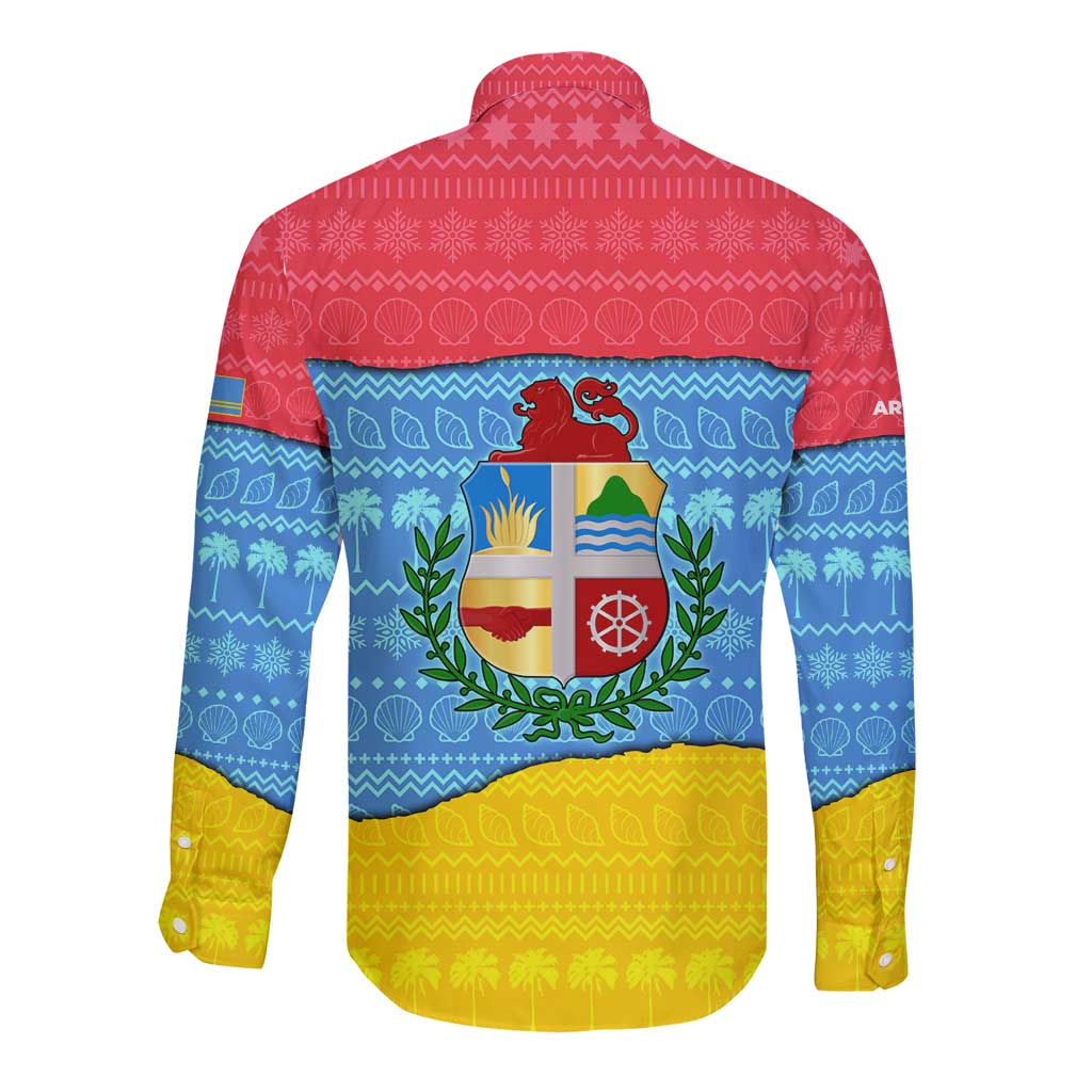 Aruba Christmas Long Sleeve Button Shirt with Fish Christmas Tree Aruba Flag and Red Blue Yellow Tropical Pattern Design - Wonder Print Shop