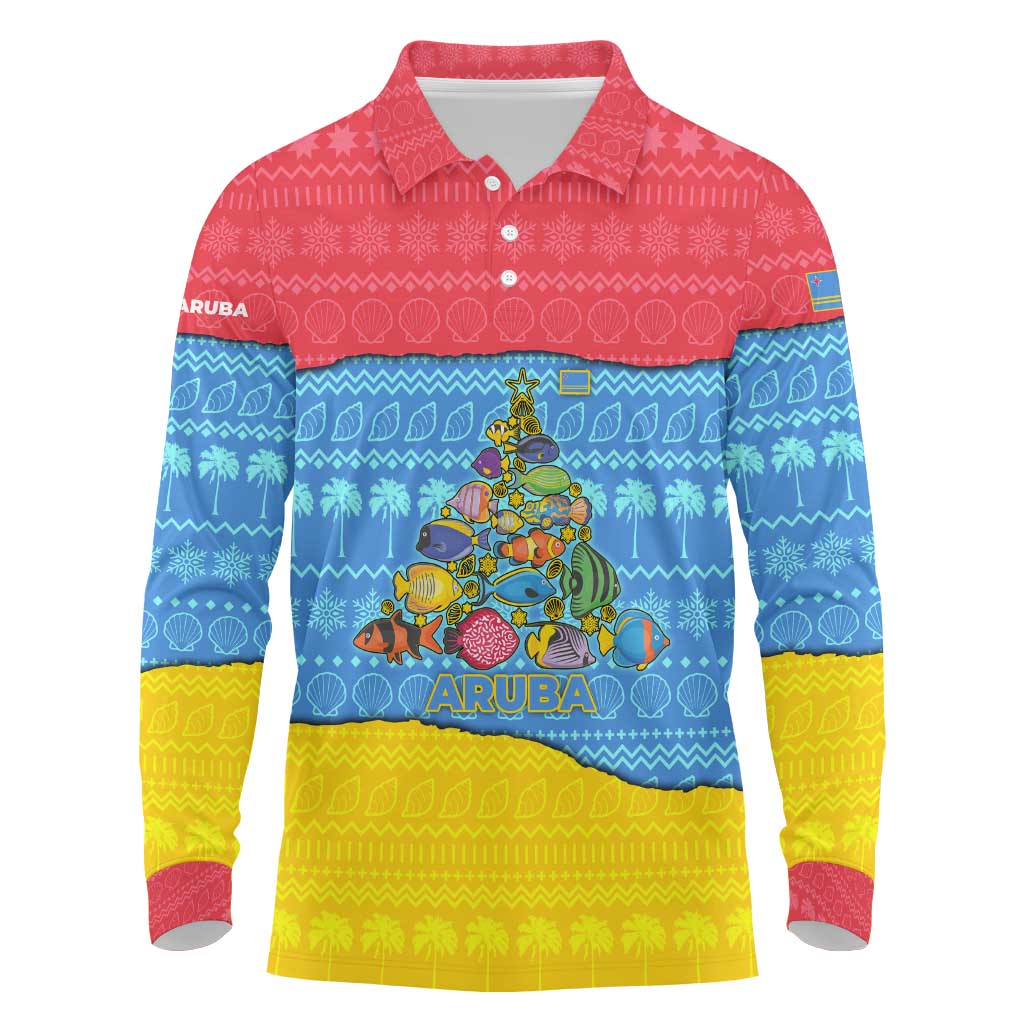Aruba Christmas Long Sleeve Polo Shirt with Fish Christmas Tree Aruba Flag and Red Blue Yellow Tropical Pattern Design - Wonder Print Shop