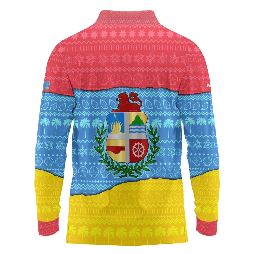 Aruba Christmas Long Sleeve Polo Shirt with Fish Christmas Tree Aruba Flag and Red Blue Yellow Tropical Pattern Design - Wonder Print Shop