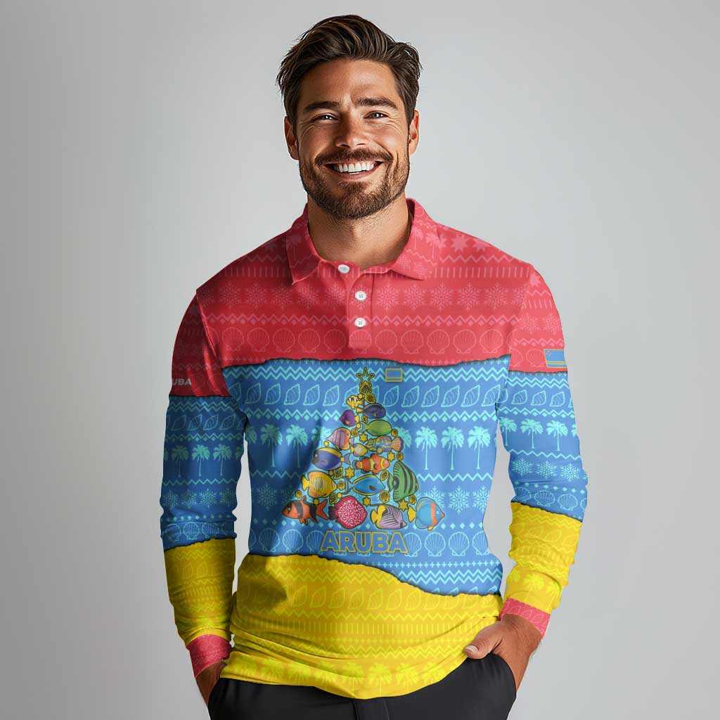 Aruba Christmas Long Sleeve Polo Shirt with Fish Christmas Tree Aruba Flag and Red Blue Yellow Tropical Pattern Design - Wonder Print Shop