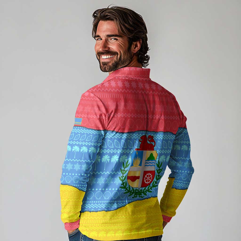 Aruba Christmas Long Sleeve Polo Shirt with Fish Christmas Tree Aruba Flag and Red Blue Yellow Tropical Pattern Design - Wonder Print Shop
