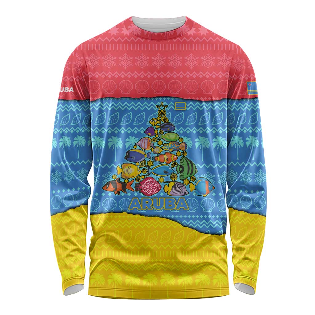 Aruba Christmas Long Sleeve Shirt with Fish Christmas Tree Aruba Flag and Red Blue Yellow Tropical Pattern Design - Wonder Print Shop