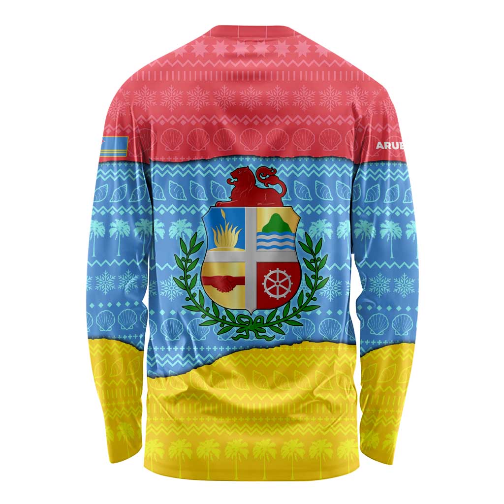 Aruba Christmas Long Sleeve Shirt with Fish Christmas Tree Aruba Flag and Red Blue Yellow Tropical Pattern Design - Wonder Print Shop