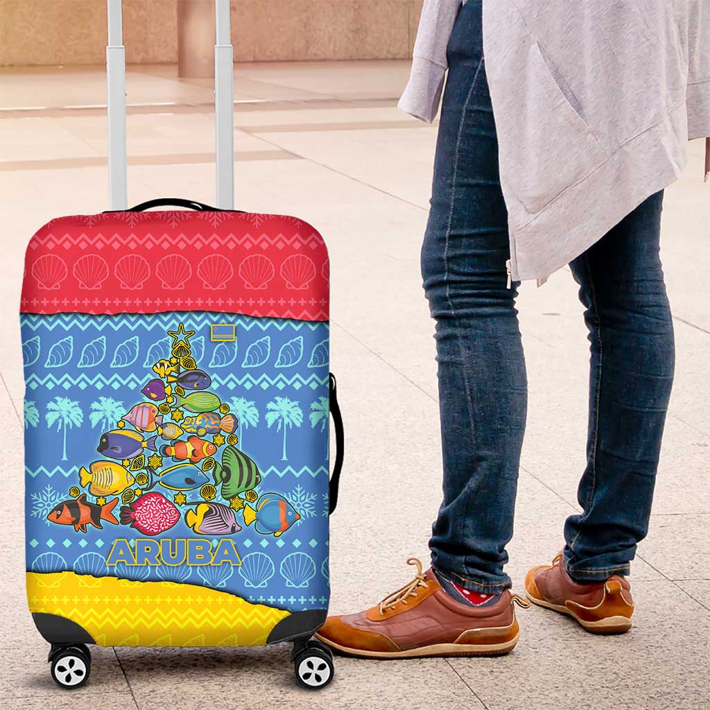 Aruba Christmas Luggage Cover with Fish Christmas Tree Aruba Flag and Red Blue Yellow Tropical Pattern Design - Wonder Print Shop