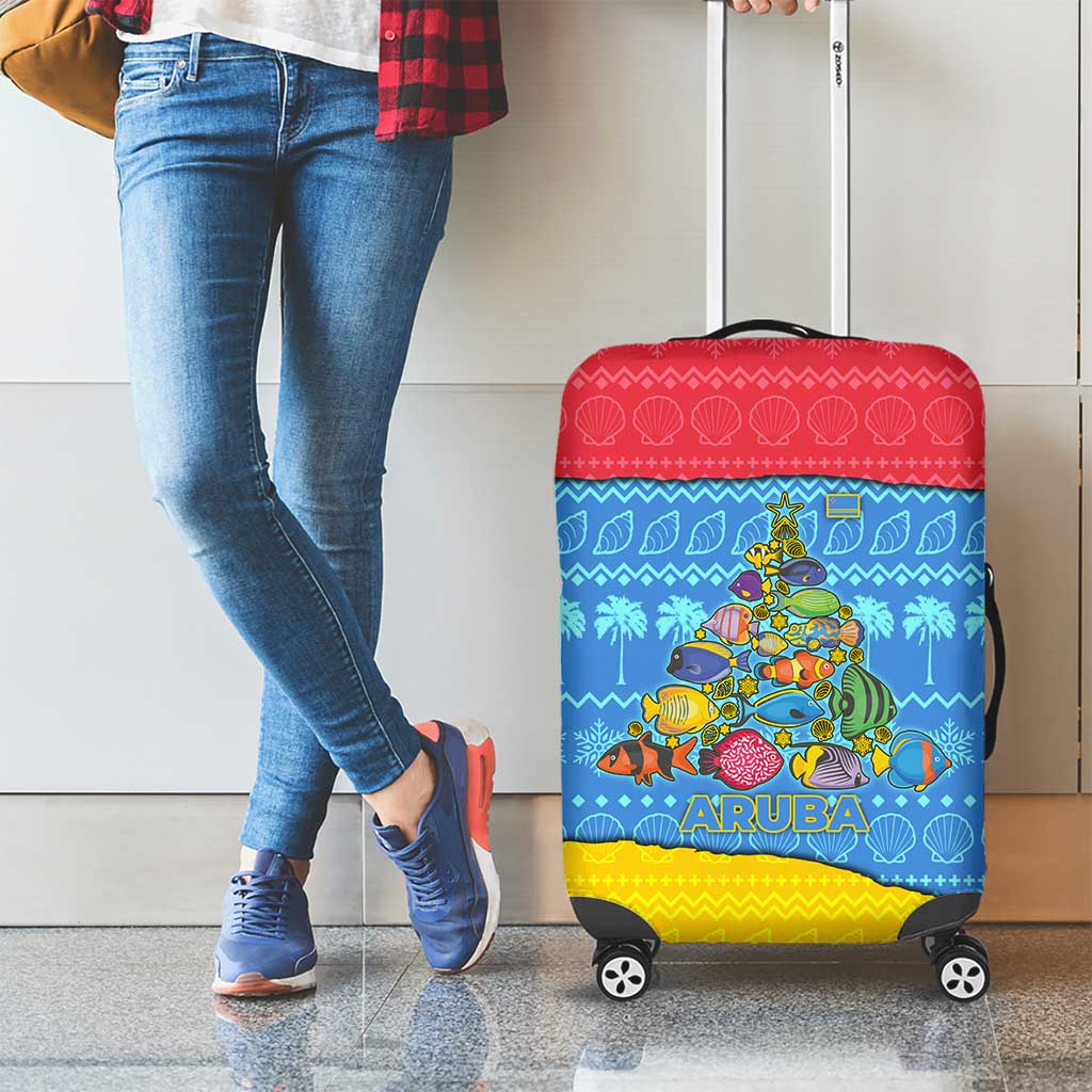 Aruba Christmas Luggage Cover with Fish Christmas Tree Aruba Flag and Red Blue Yellow Tropical Pattern Design - Wonder Print Shop