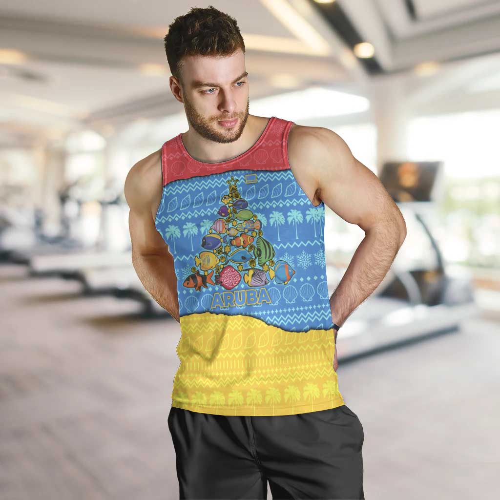 Aruba Christmas Men Tank Top with Fish Christmas Tree Aruba Flag and Red Blue Yellow Tropical Pattern Design - Wonder Print Shop