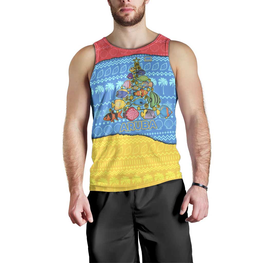 Aruba Christmas Men Tank Top with Fish Christmas Tree Aruba Flag and Red Blue Yellow Tropical Pattern Design - Wonder Print Shop
