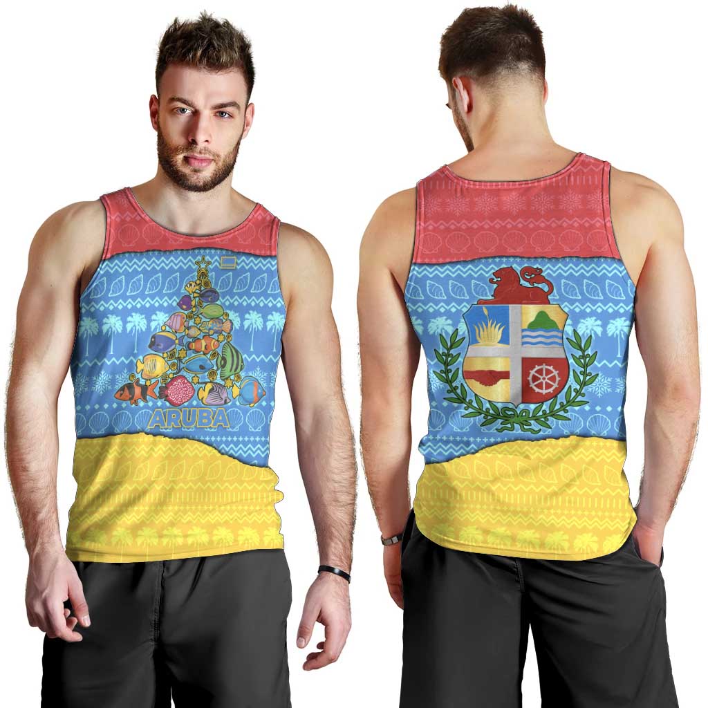 Aruba Christmas Men Tank Top with Fish Christmas Tree Aruba Flag and Red Blue Yellow Tropical Pattern Design - Wonder Print Shop