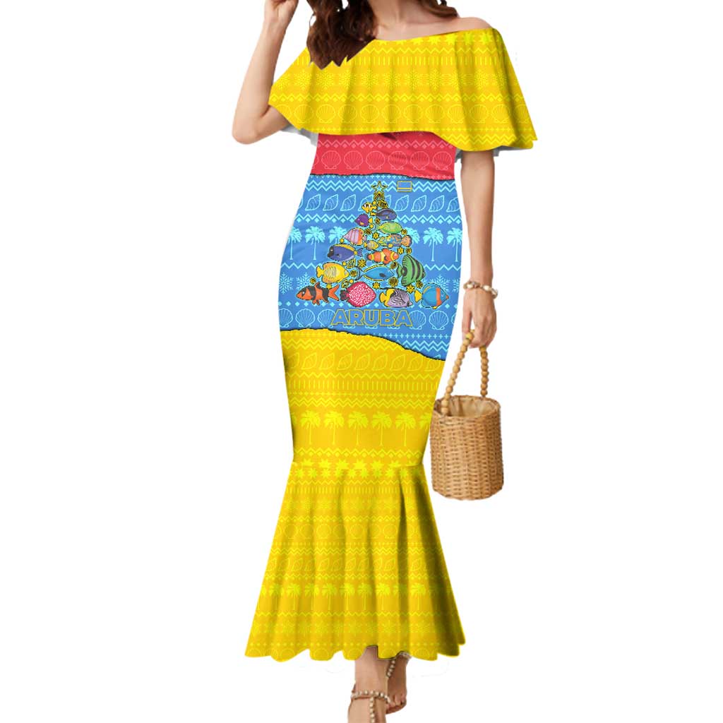 Aruba Christmas Mermaid Dress with Fish Christmas Tree Aruba Flag and Red Blue Yellow Tropical Pattern Design - Wonder Print Shop
