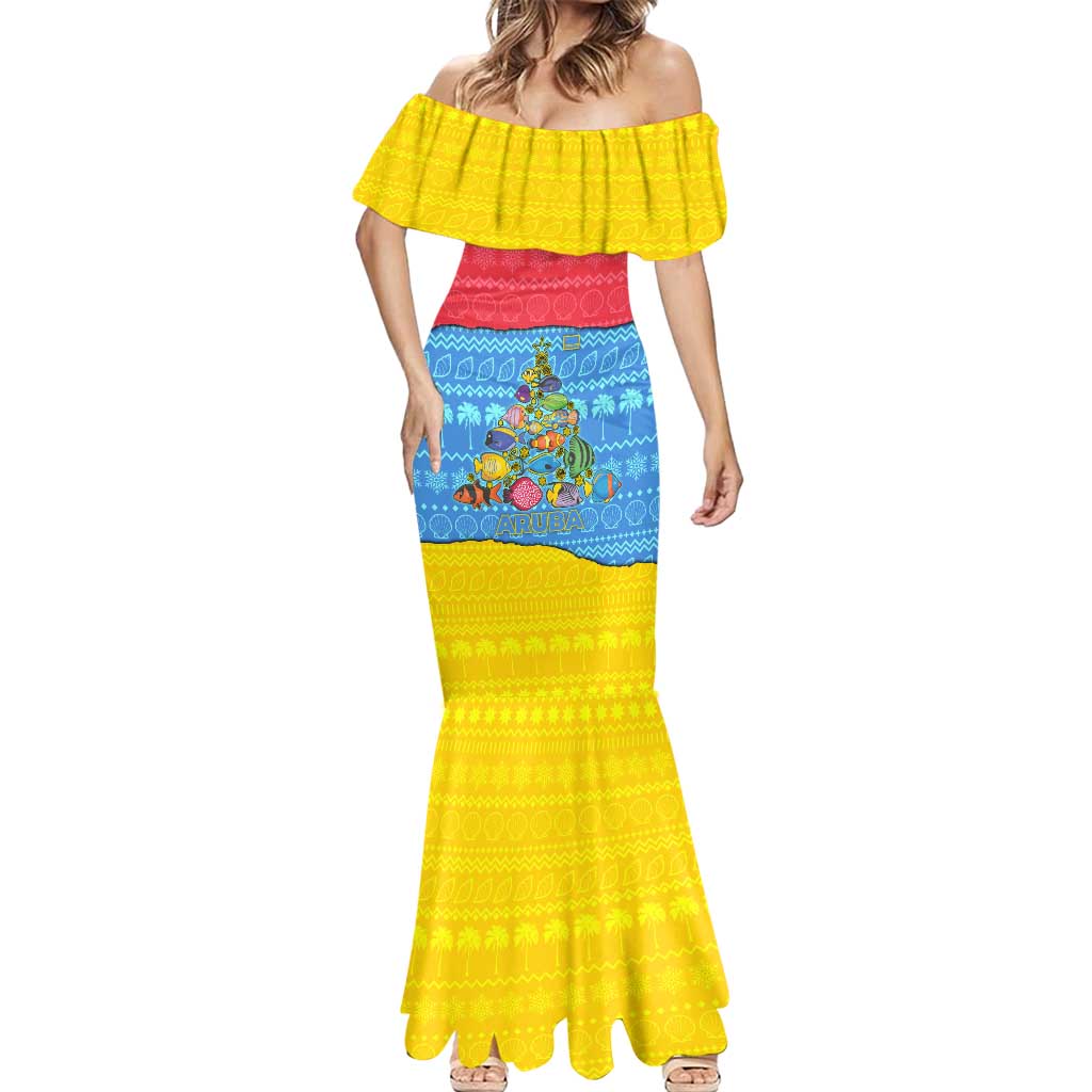 Aruba Christmas Mermaid Dress with Fish Christmas Tree Aruba Flag and Red Blue Yellow Tropical Pattern Design - Wonder Print Shop