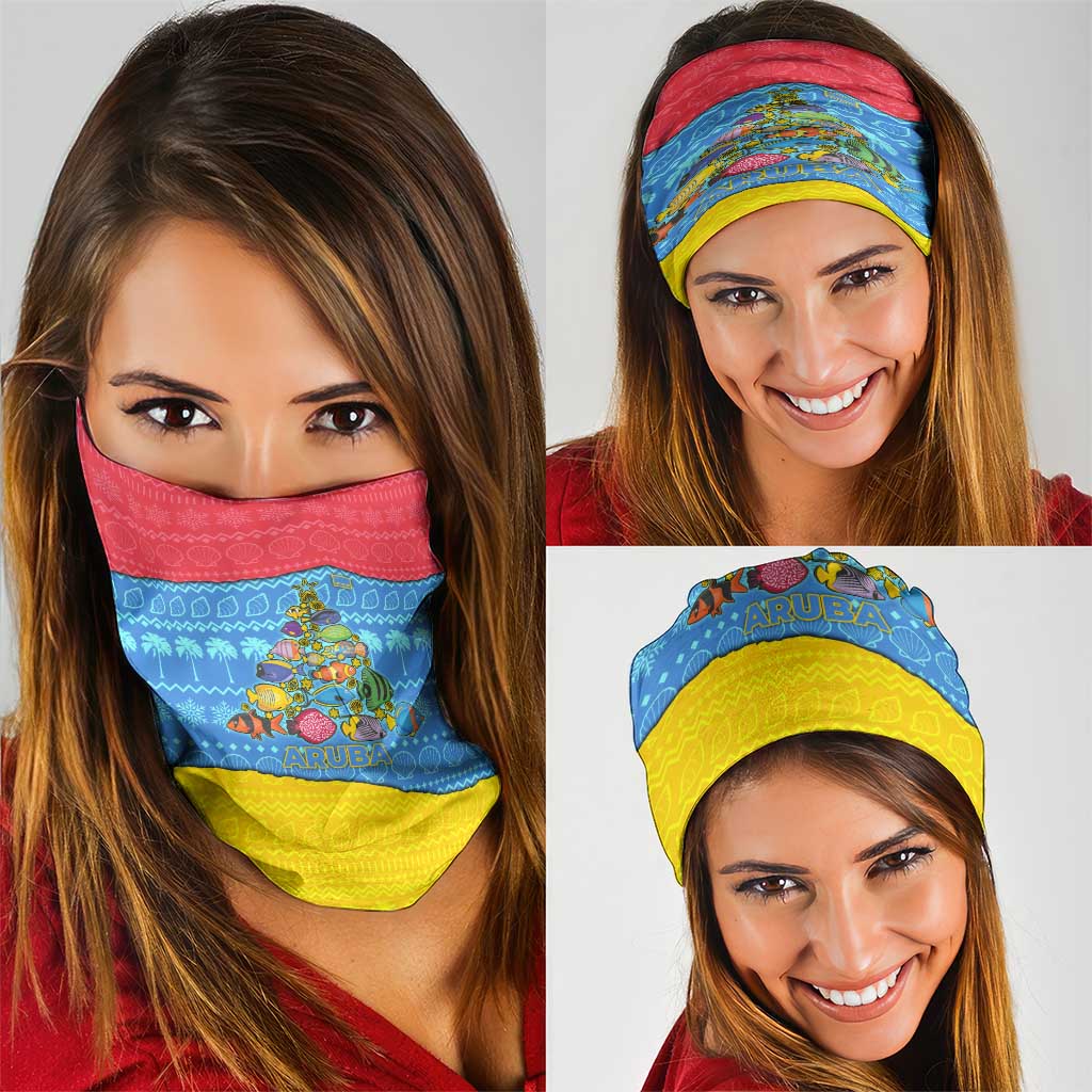 Aruba Christmas Neck Gaiter with Fish Christmas Tree Aruba Flag and Red Blue Yellow Tropical Pattern Design - Wonder Print Shop
