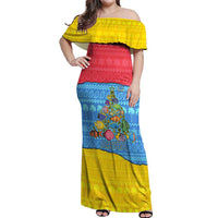 Aruba Christmas Off Shoulder Maxi Dress with Fish Christmas Tree Aruba Flag and Red Blue Yellow Tropical Pattern Design - Wonder Print Shop