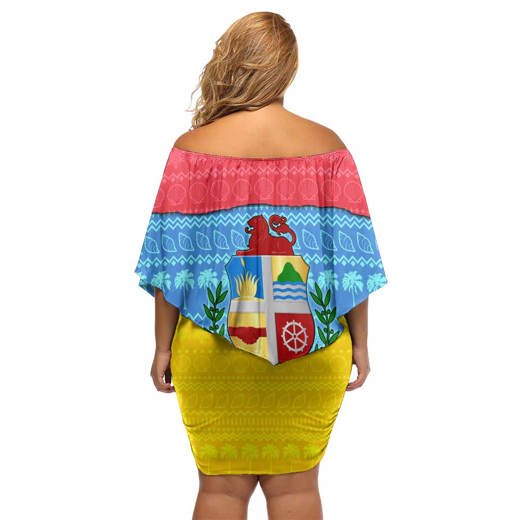 Aruba Christmas Off Shoulder Short Dress with Fish Christmas Tree Aruba Flag and Red Blue Yellow Tropical Pattern Design - Wonder Print Shop
