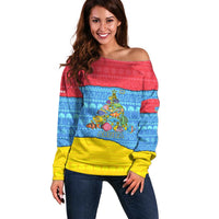 Aruba Christmas Off Shoulder Sweater with Fish Christmas Tree Aruba Flag and Red Blue Yellow Tropical Pattern Design - Wonder Print Shop