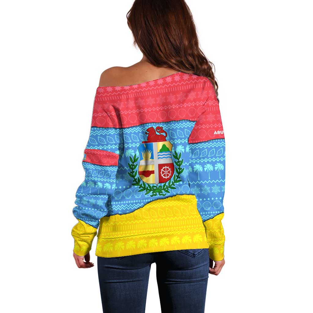 Aruba Christmas Off Shoulder Sweater with Fish Christmas Tree Aruba Flag and Red Blue Yellow Tropical Pattern Design - Wonder Print Shop