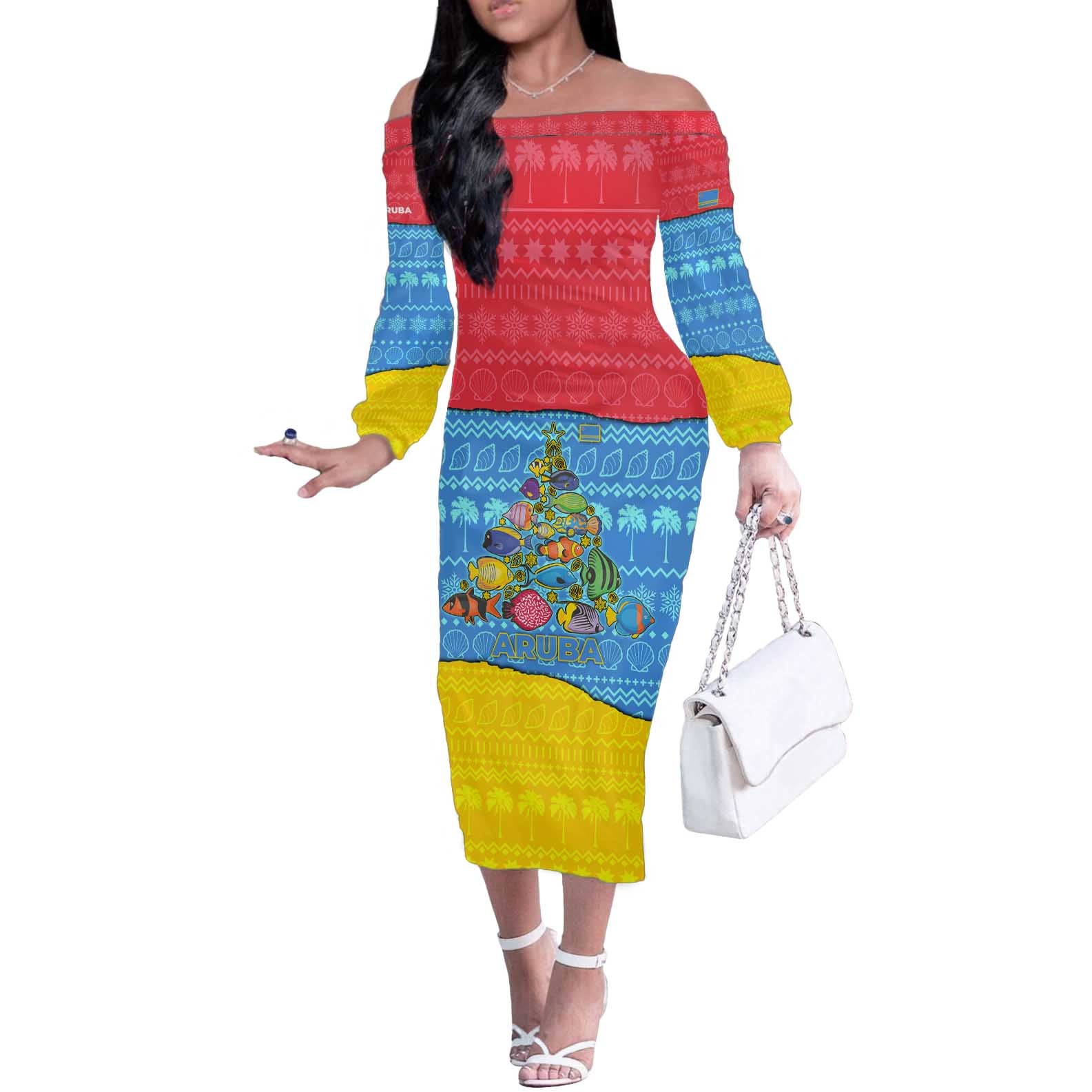Aruba Christmas Off The Shoulder Long Sleeve Dress with Fish Christmas Tree Aruba Flag and Red Blue Yellow Tropical Pattern Design - Wonder Print Shop