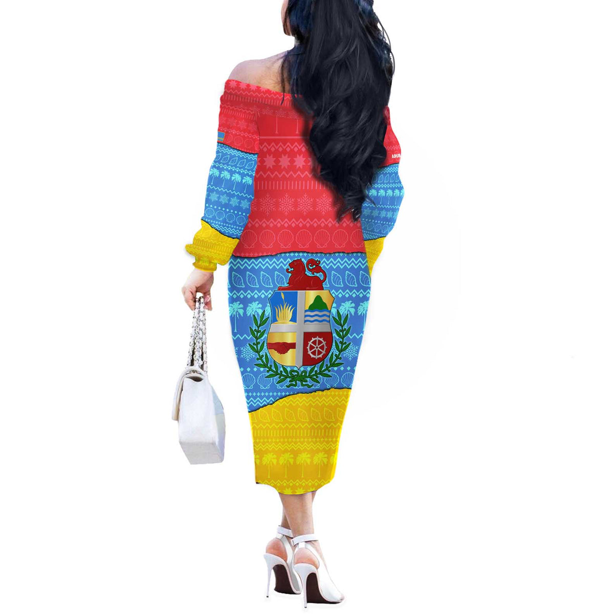 Aruba Christmas Off The Shoulder Long Sleeve Dress with Fish Christmas Tree Aruba Flag and Red Blue Yellow Tropical Pattern Design - Wonder Print Shop
