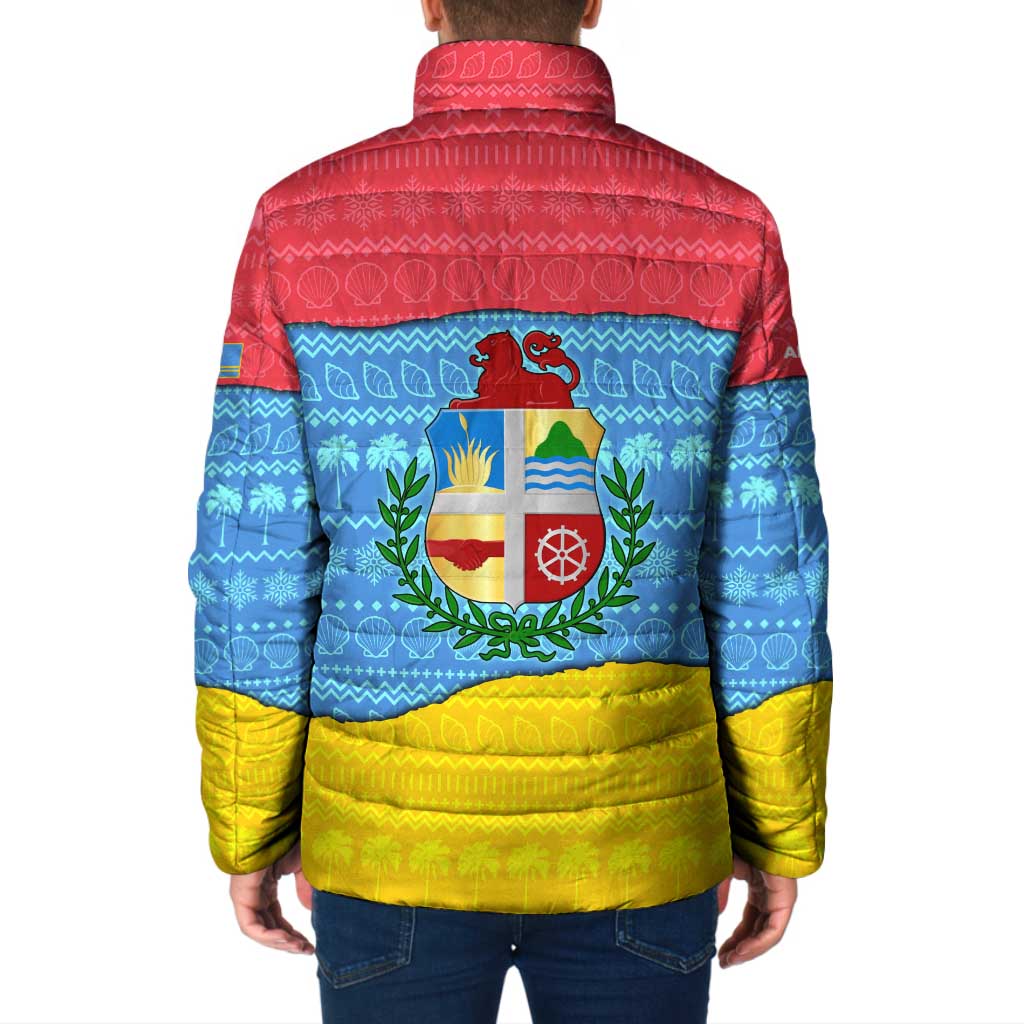 Aruba Christmas Padded Jacket with Fish Christmas Tree Aruba Flag and Red Blue Yellow Tropical Pattern Design - Wonder Print Shop