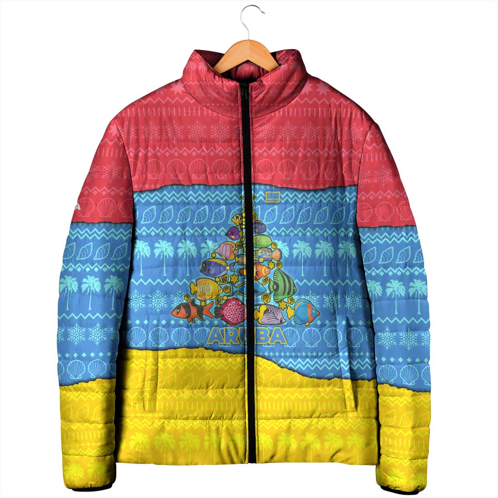 Aruba Christmas Padded Jacket with Fish Christmas Tree Aruba Flag and Red Blue Yellow Tropical Pattern Design - Wonder Print Shop