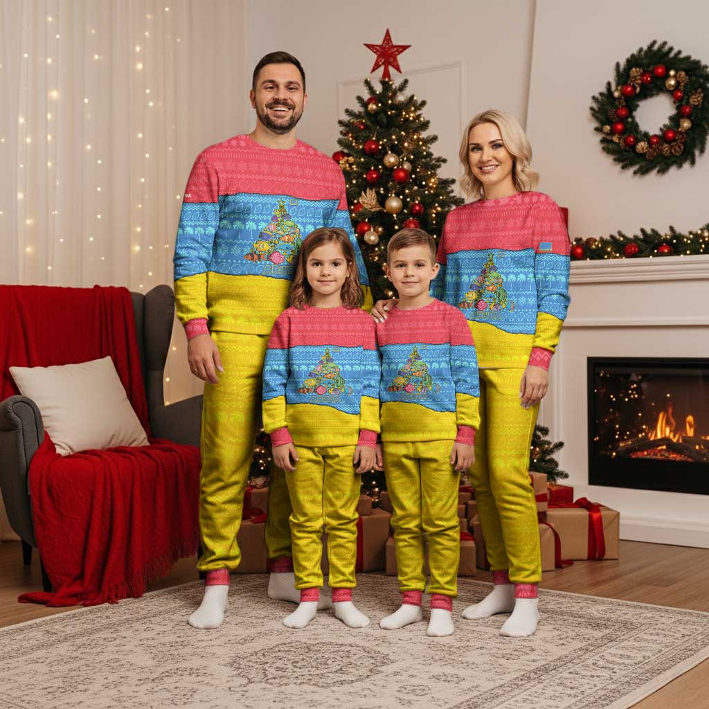 Aruba Christmas Pajama Set with Fish Christmas Tree Aruba Flag and Red Blue Yellow Tropical Pattern Design - Wonder Print Shop
