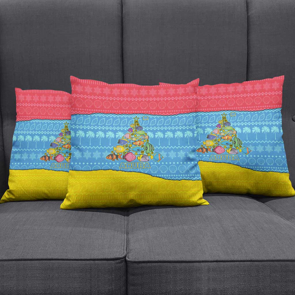 Aruba Christmas Pillow Cover with Fish Christmas Tree Aruba Flag and Red Blue Yellow Tropical Pattern Design - Wonder Print Shop