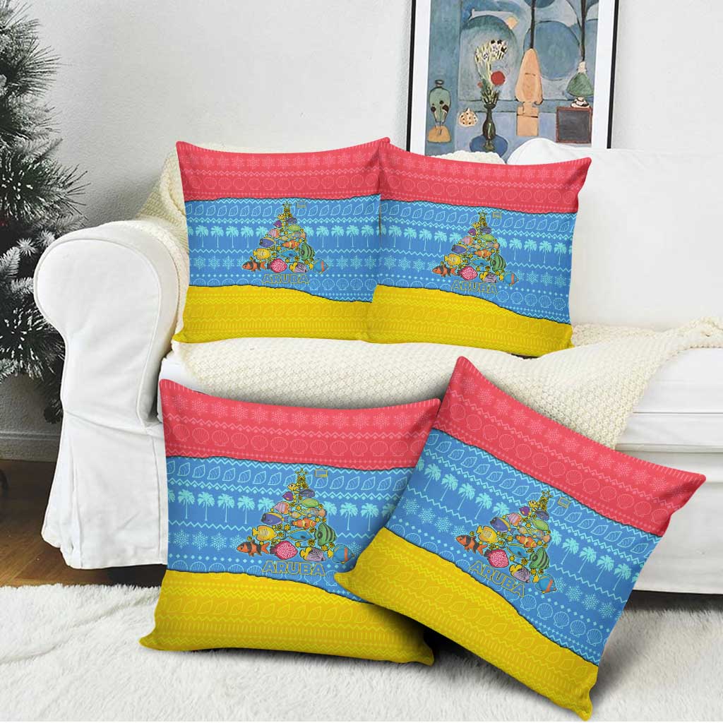 Aruba Christmas Pillow Cover with Fish Christmas Tree Aruba Flag and Red Blue Yellow Tropical Pattern Design - Wonder Print Shop
