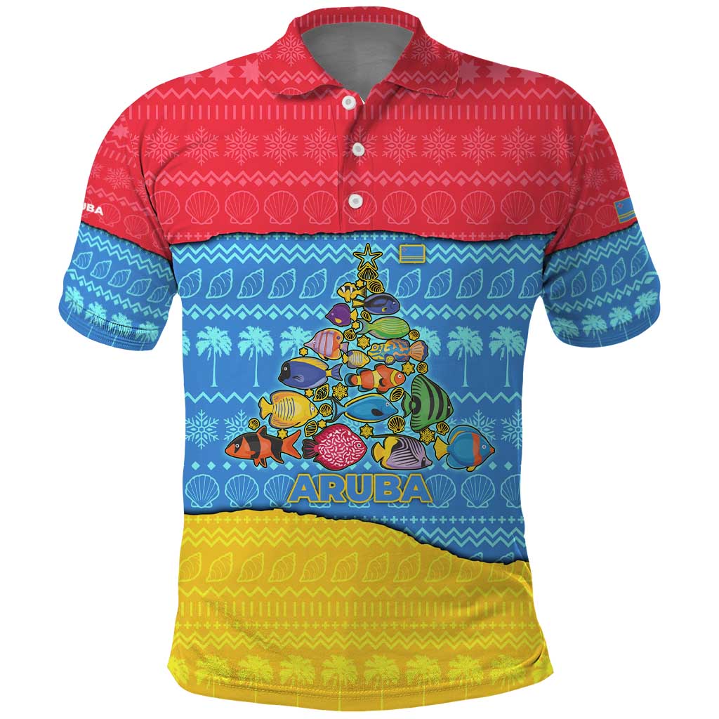 Aruba Christmas Polo Shirt with Fish Christmas Tree Aruba Flag and Red Blue Yellow Tropical Pattern Design - Wonder Print Shop