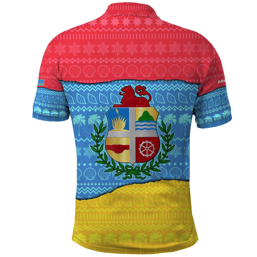Aruba Christmas Polo Shirt with Fish Christmas Tree Aruba Flag and Red Blue Yellow Tropical Pattern Design - Wonder Print Shop