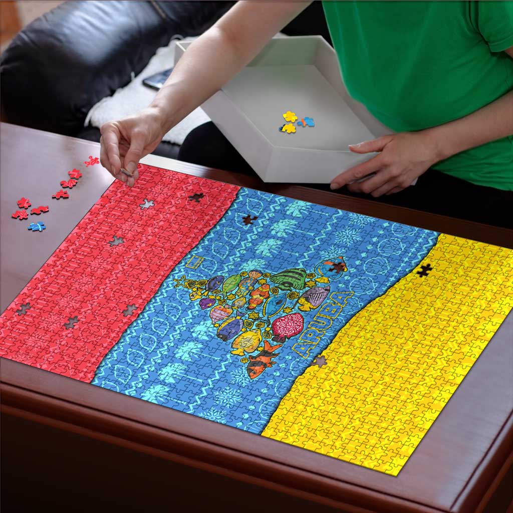 Aruba Christmas Puzzle with Fish Christmas Tree Aruba Flag and Red Blue Yellow Tropical Pattern Design - Wonder Print Shop