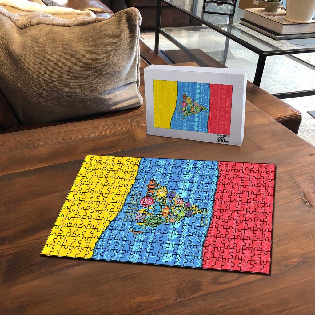 Aruba Christmas Puzzle with Fish Christmas Tree Aruba Flag and Red Blue Yellow Tropical Pattern Design - Wonder Print Shop