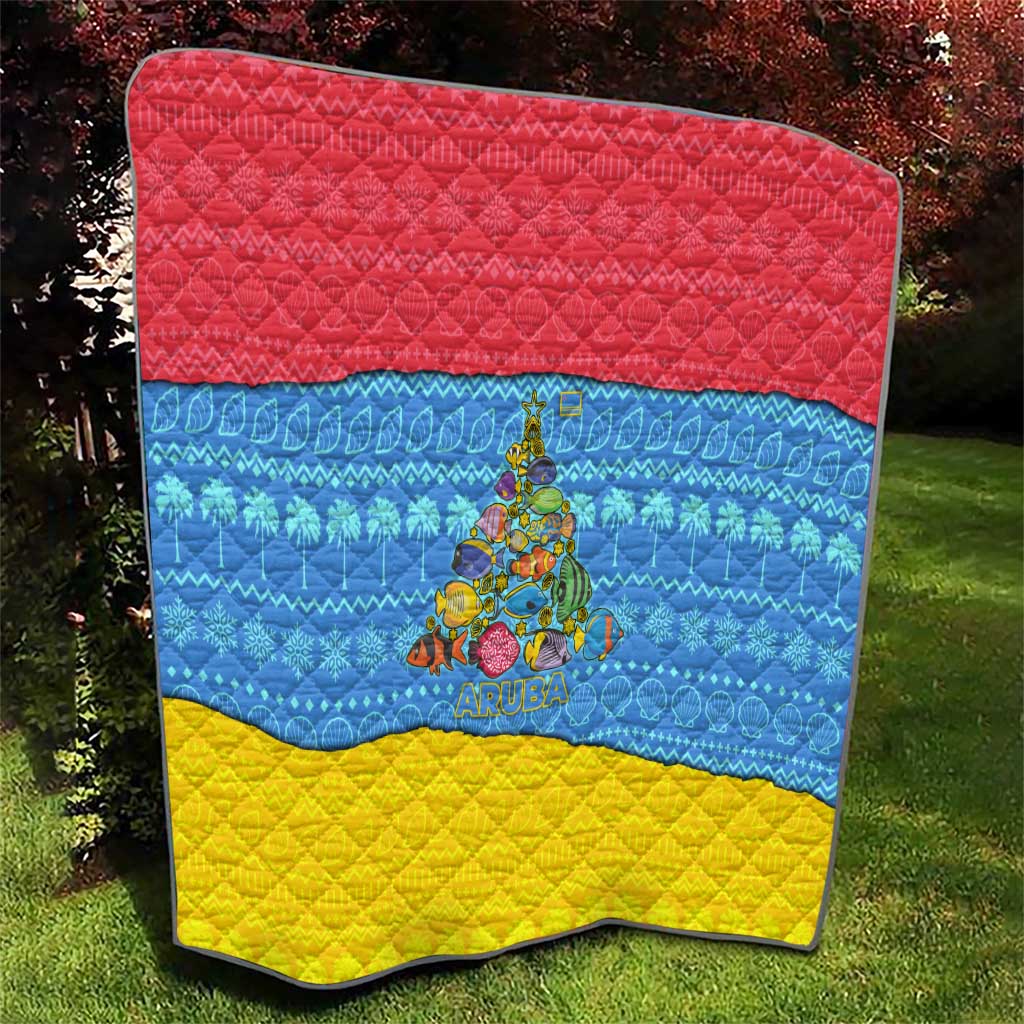 Aruba Christmas Quilt with Fish Christmas Tree Aruba Flag and Red Blue Yellow Tropical Pattern Design - Wonder Print Shop