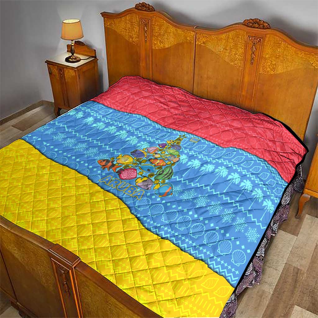 Aruba Christmas Quilt with Fish Christmas Tree Aruba Flag and Red Blue Yellow Tropical Pattern Design - Wonder Print Shop