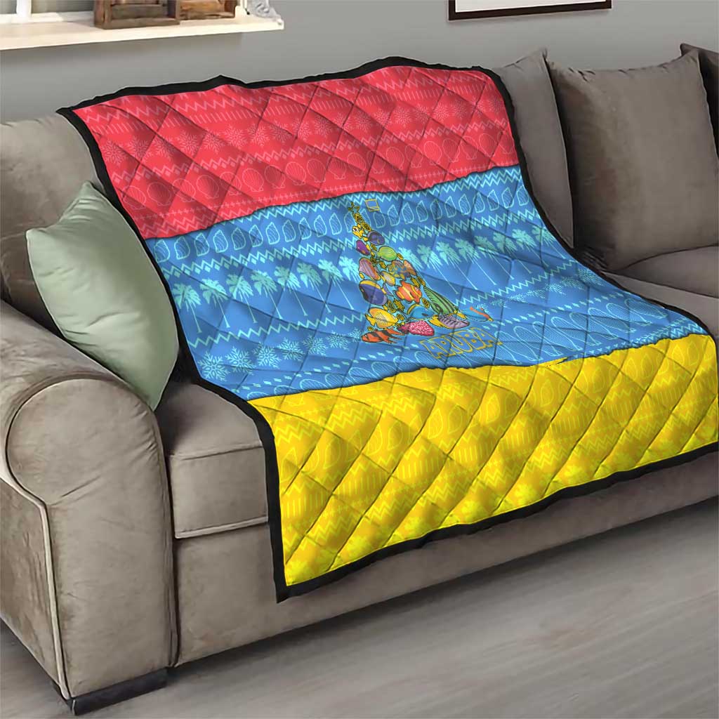 Aruba Christmas Quilt with Fish Christmas Tree Aruba Flag and Red Blue Yellow Tropical Pattern Design - Wonder Print Shop