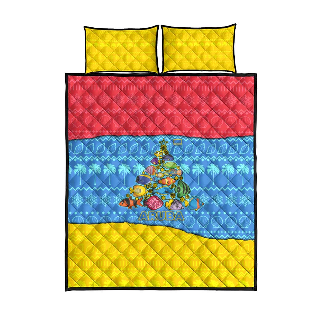 Aruba Christmas Quilt Bed Set with Fish Christmas Tree Aruba Flag and Red Blue Yellow Tropical Pattern Design - Wonder Print Shop