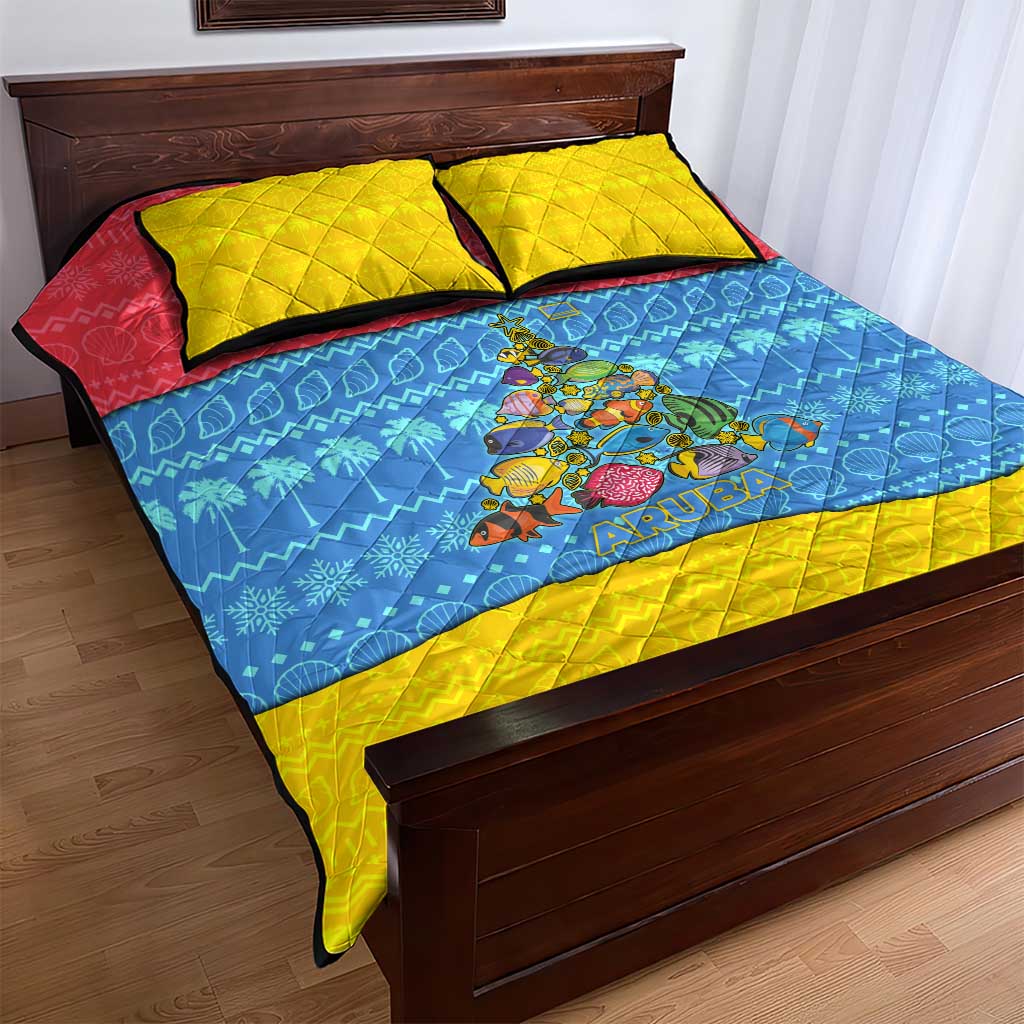 Aruba Christmas Quilt Bed Set with Fish Christmas Tree Aruba Flag and Red Blue Yellow Tropical Pattern Design - Wonder Print Shop