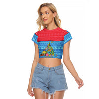 Aruba Christmas Raglan Cropped T Shirt with Fish Christmas Tree Aruba Flag and Red Blue Yellow Tropical Pattern Design - Wonder Print Shop