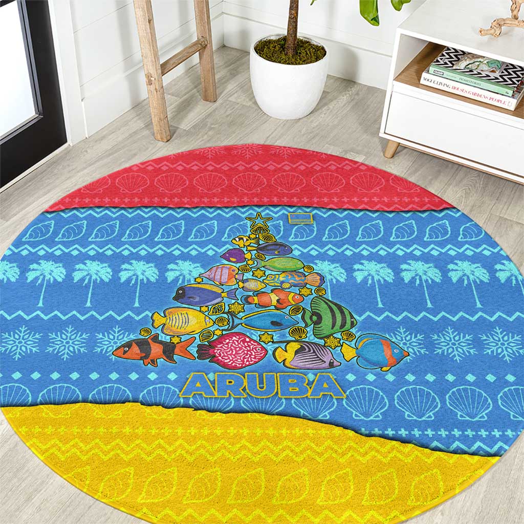 Aruba Christmas Round Carpet with Fish Christmas Tree Aruba Flag and Red Blue Yellow Tropical Pattern Design - Wonder Print Shop