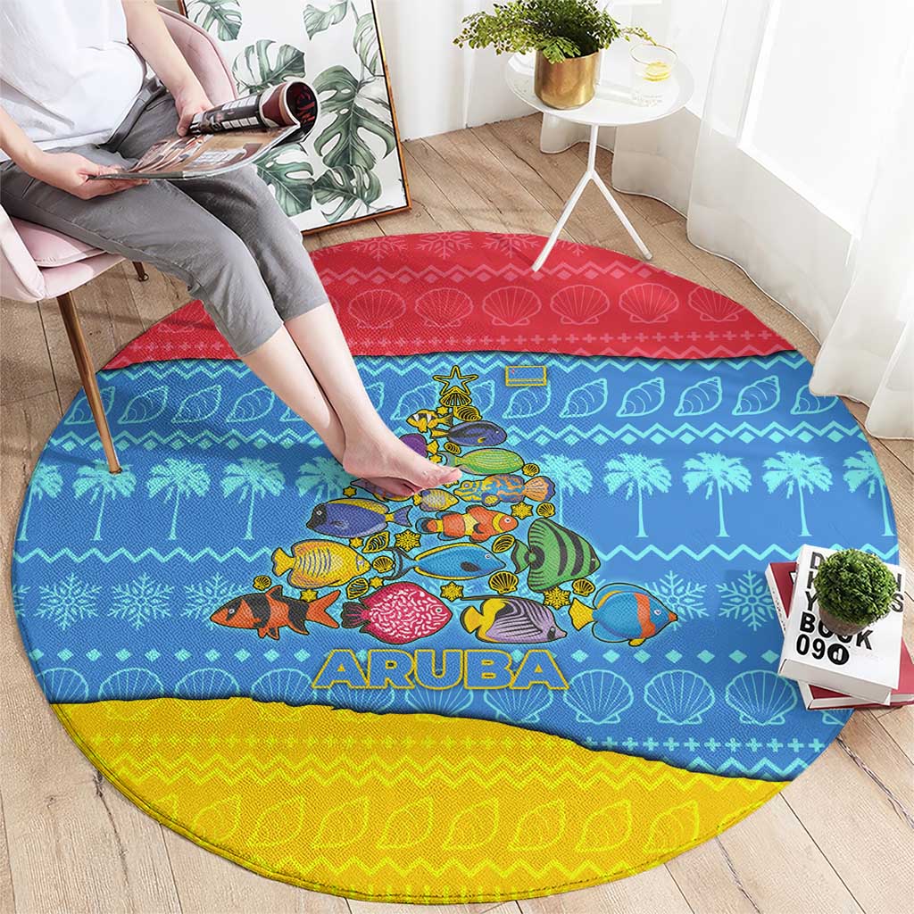 Aruba Christmas Round Carpet with Fish Christmas Tree Aruba Flag and Red Blue Yellow Tropical Pattern Design - Wonder Print Shop