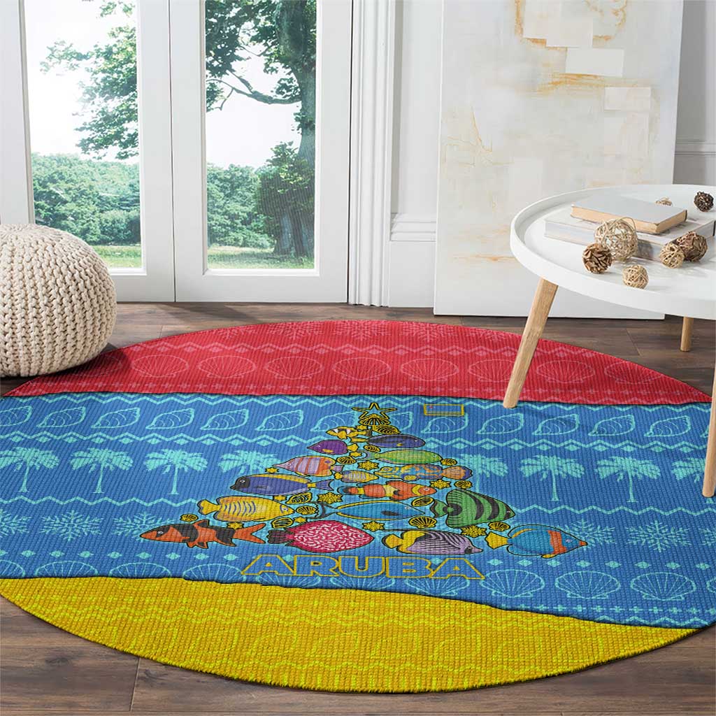 Aruba Christmas Round Carpet with Fish Christmas Tree Aruba Flag and Red Blue Yellow Tropical Pattern Design - Wonder Print Shop