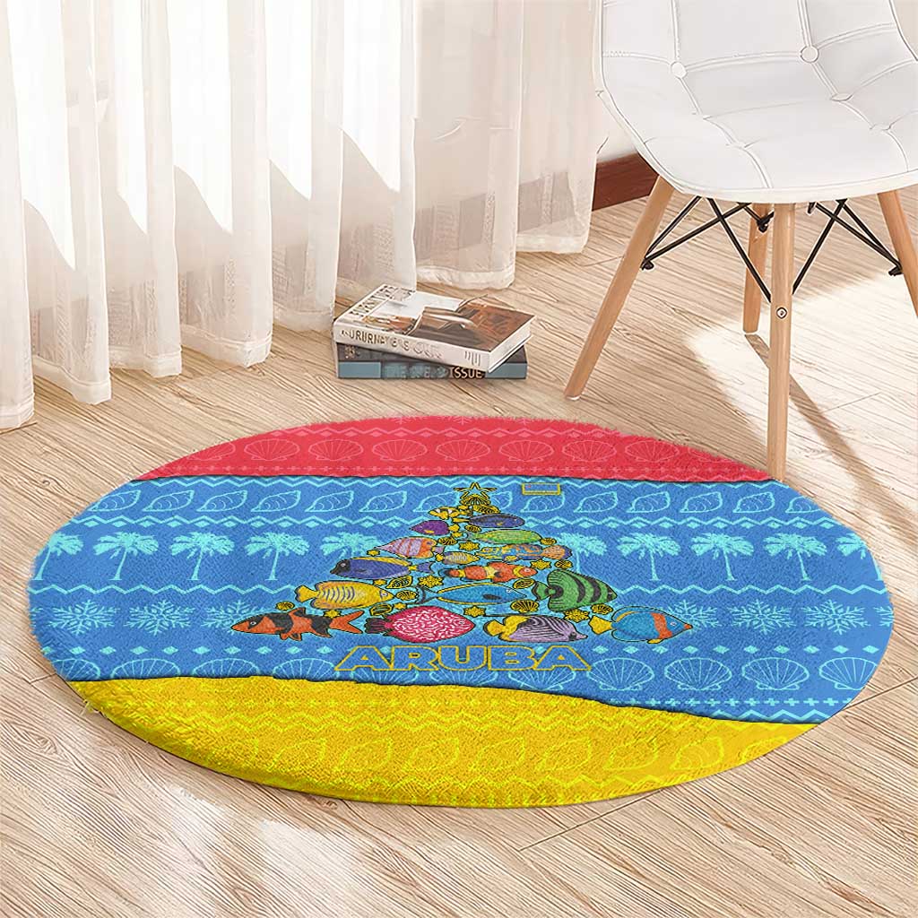 Aruba Christmas Round Carpet with Fish Christmas Tree Aruba Flag and Red Blue Yellow Tropical Pattern Design - Wonder Print Shop