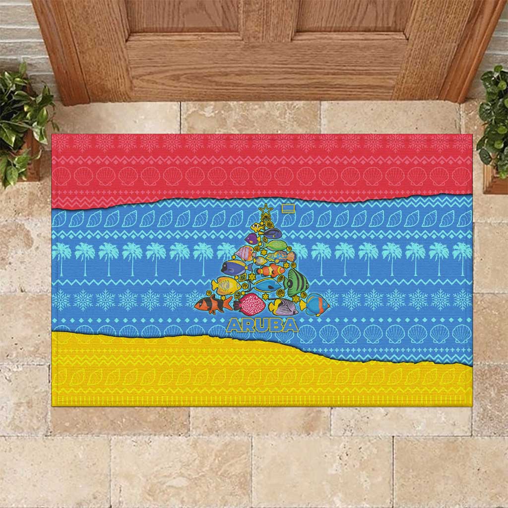 Aruba Christmas Rubber Doormat with Fish Christmas Tree Aruba Flag and Red Blue Yellow Tropical Pattern Design - Wonder Print Shop