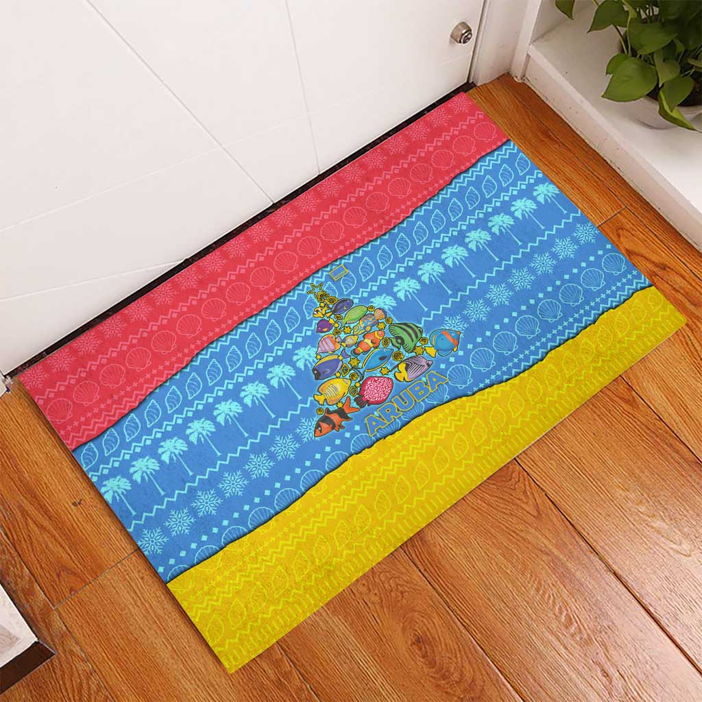 Aruba Christmas Rubber Doormat with Fish Christmas Tree Aruba Flag and Red Blue Yellow Tropical Pattern Design - Wonder Print Shop