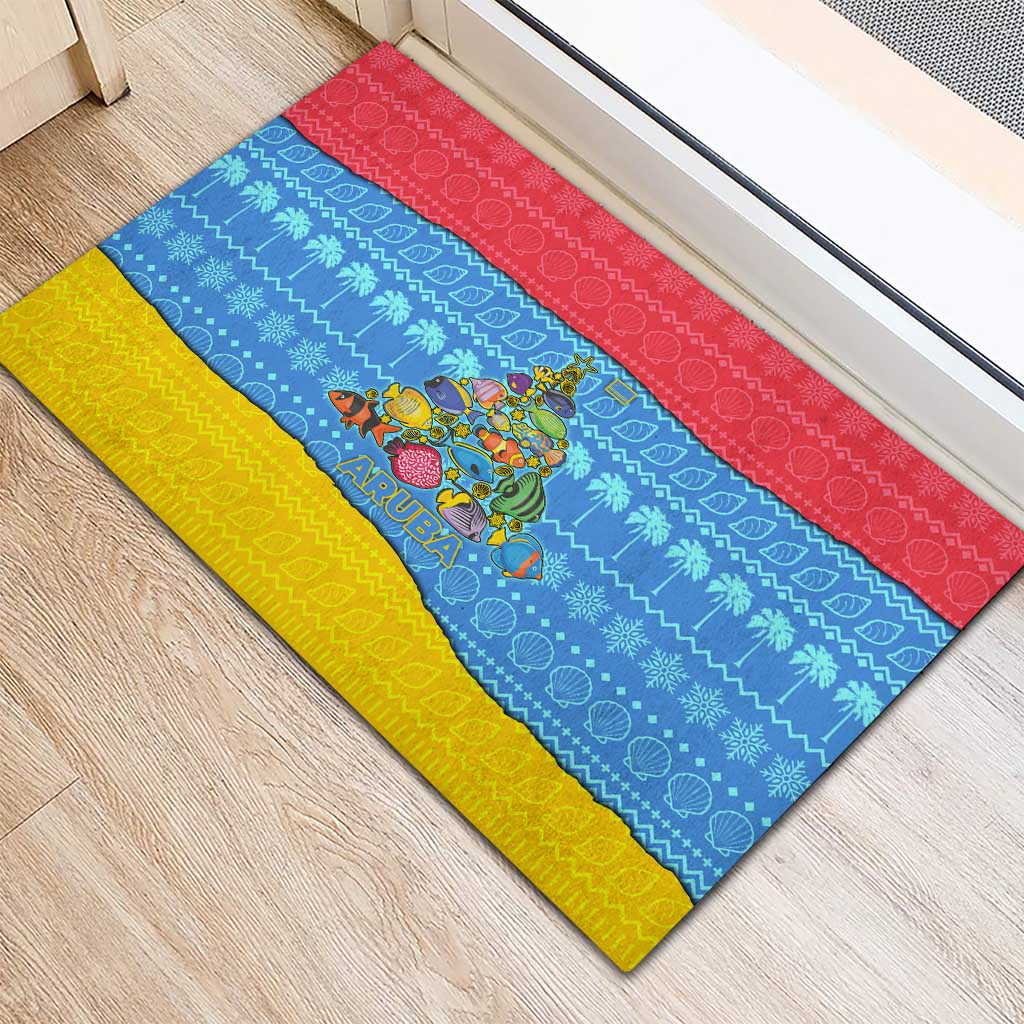Aruba Christmas Rubber Doormat with Fish Christmas Tree Aruba Flag and Red Blue Yellow Tropical Pattern Design - Wonder Print Shop