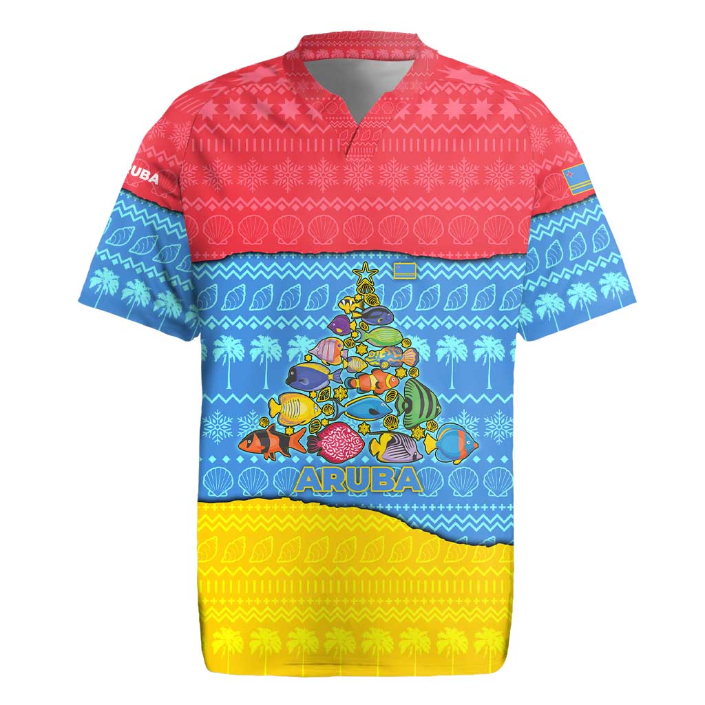 Aruba Christmas Rugby Jersey with Fish Christmas Tree Aruba Flag and Red Blue Yellow Tropical Pattern Design - Wonder Print Shop