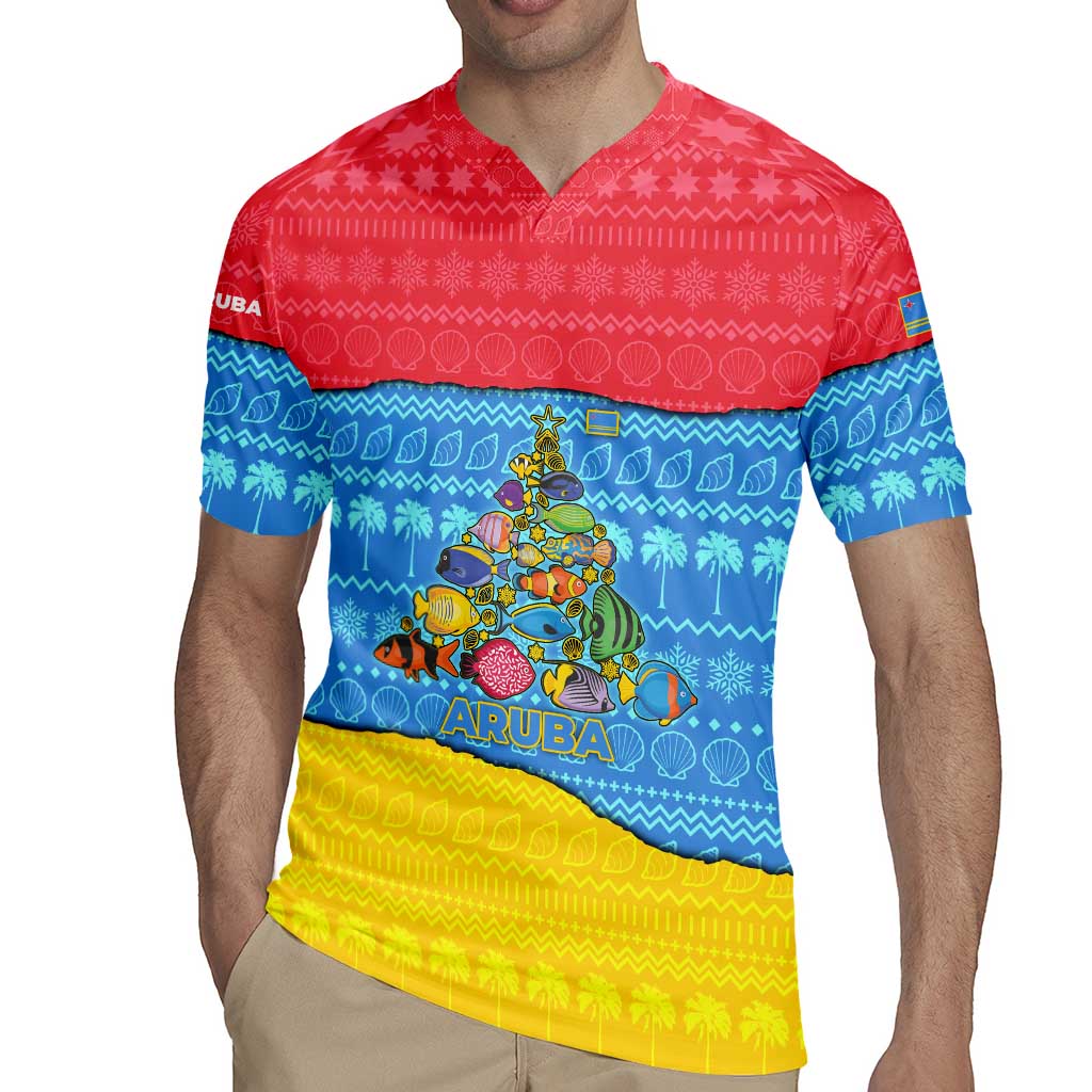 Aruba Christmas Rugby Jersey with Fish Christmas Tree Aruba Flag and Red Blue Yellow Tropical Pattern Design - Wonder Print Shop