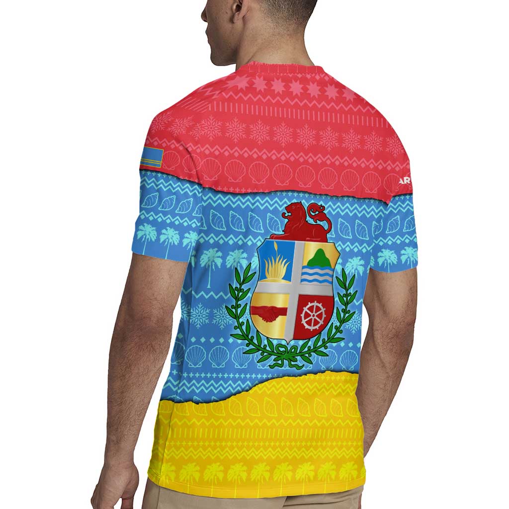 Aruba Christmas Rugby Jersey with Fish Christmas Tree Aruba Flag and Red Blue Yellow Tropical Pattern Design - Wonder Print Shop