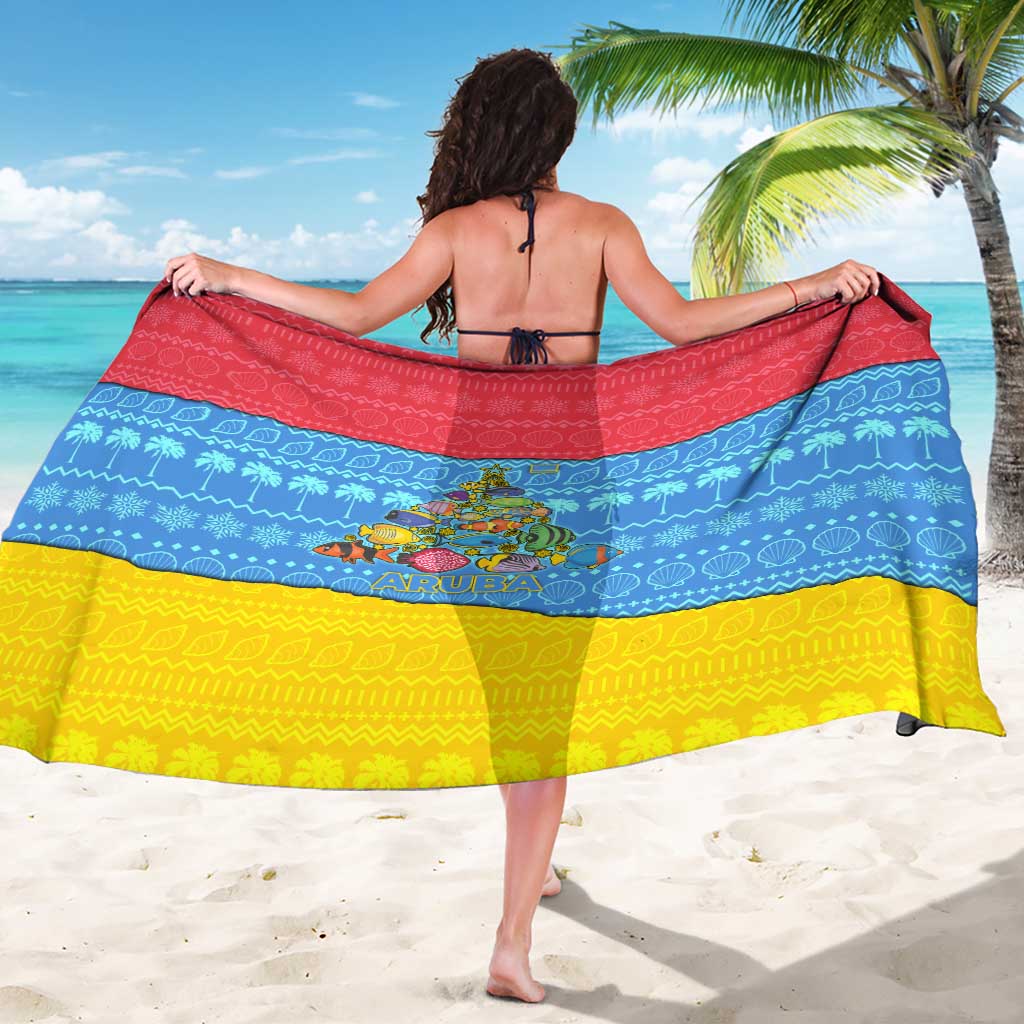Aruba Christmas Sarong with Fish Christmas Tree Aruba Flag and Red Blue Yellow Tropical Pattern Design - Wonder Print Shop