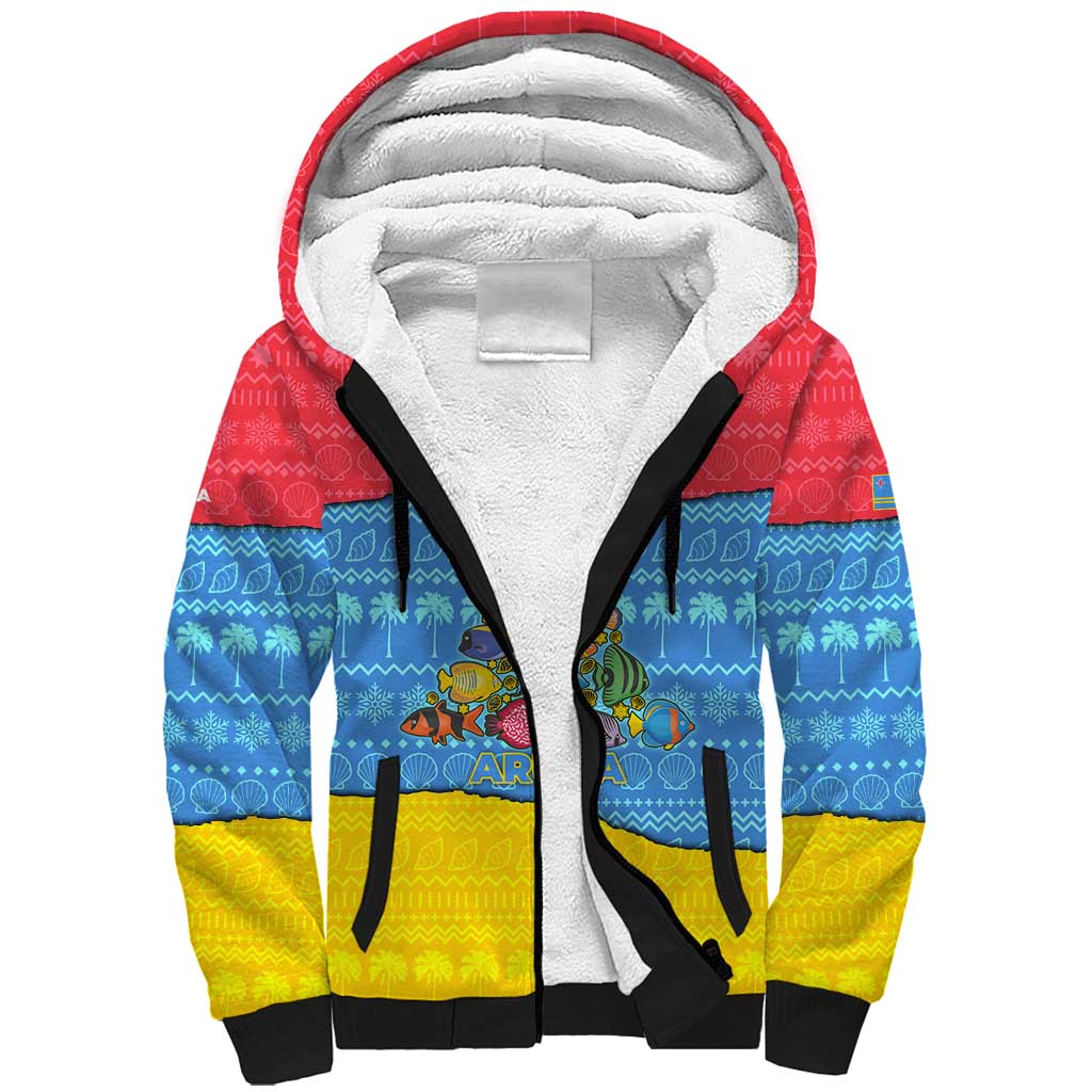 Aruba Christmas Sherpa Hoodie with Fish Christmas Tree Aruba Flag and Red Blue Yellow Tropical Pattern Design - Wonder Print Shop