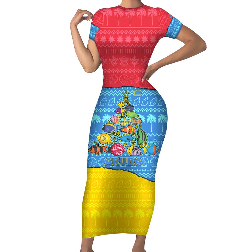Aruba Christmas Short Sleeve Bodycon Dress with Fish Christmas Tree Aruba Flag and Red Blue Yellow Tropical Pattern Design - Wonder Print Shop