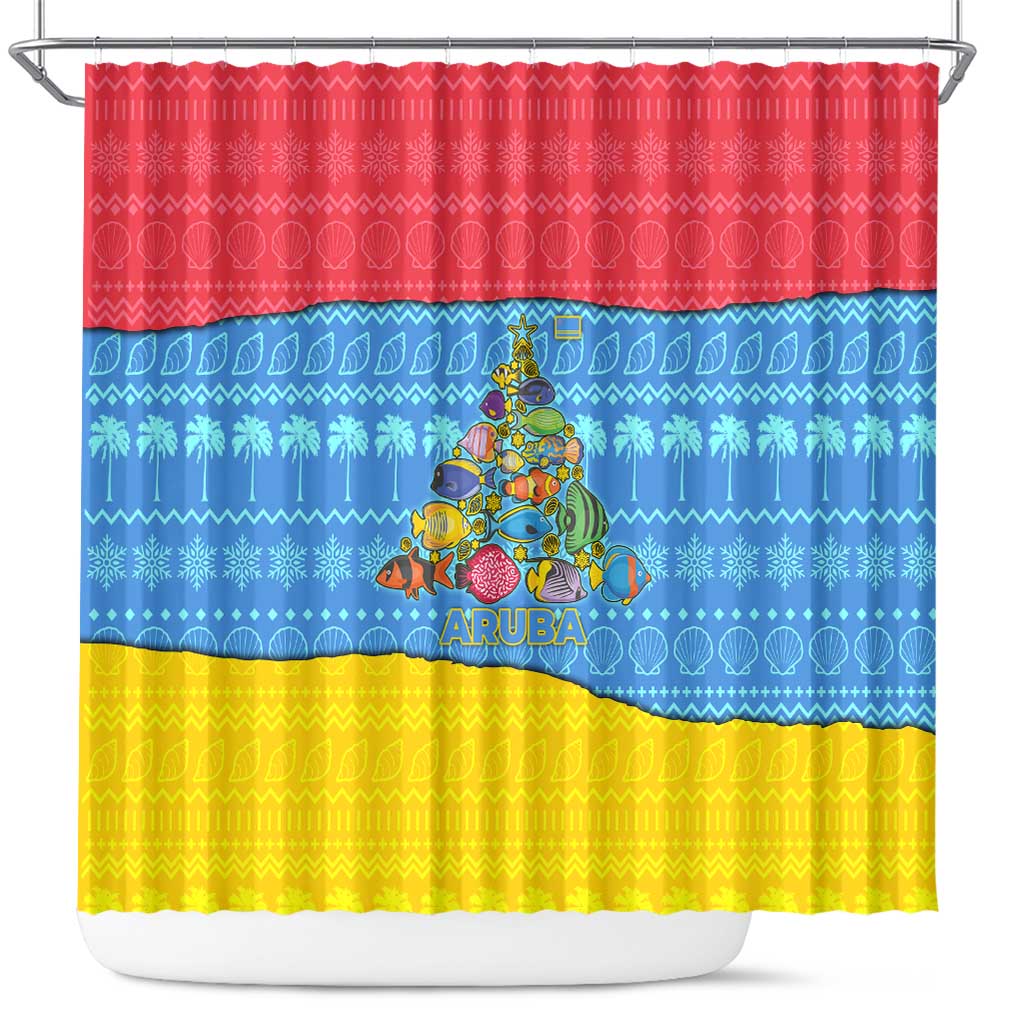Aruba Christmas Shower Curtain with Fish Christmas Tree Aruba Flag and Red Blue Yellow Tropical Pattern Design - Wonder Print Shop
